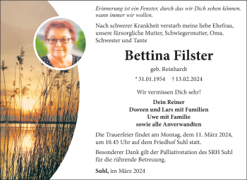 Traueranzeige von Bettina Filster von Südthüringer Presse
