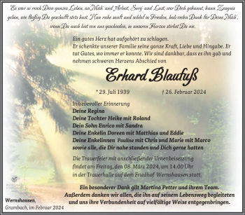 Traueranzeige von Erhard Blaufuß von Südthüringer Presse