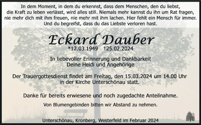  Traueranzeige für Eckard Dauber vom 09.03.2024 aus Südthüringer Presse