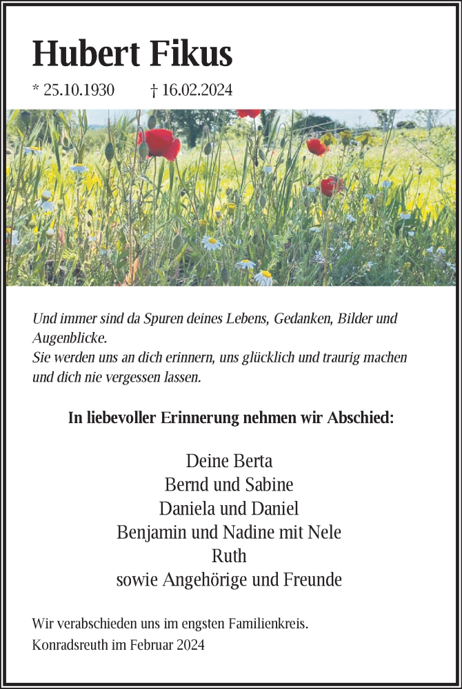  Traueranzeige für Hubert Fikus vom 02.03.2024 aus Frankenpost