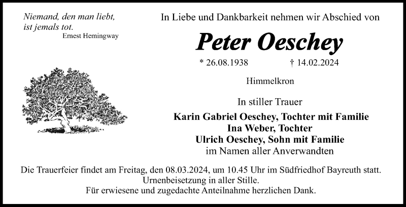  Traueranzeige für Peter Oeschey vom 02.03.2024 aus Frankenpost