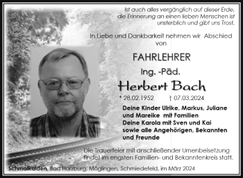 Traueranzeige von Herbert Bach von Südthüringer Presse