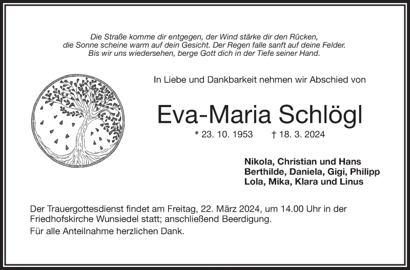  Traueranzeige für Eva-Maria Schlögl vom 20.03.2024 aus Frankenpost