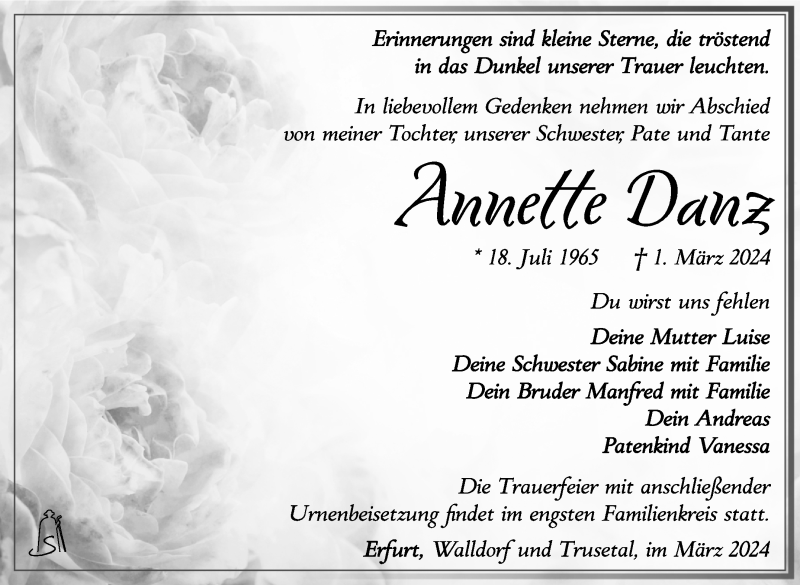  Traueranzeige für Annette Danz vom 23.03.2024 aus Südthüringer Presse