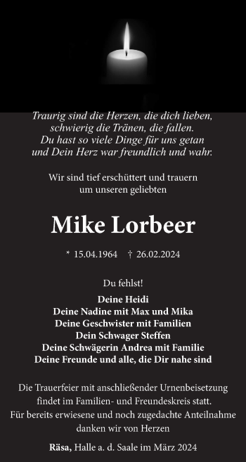Traueranzeige von Mike Lorbeer von Südthüringer Presse