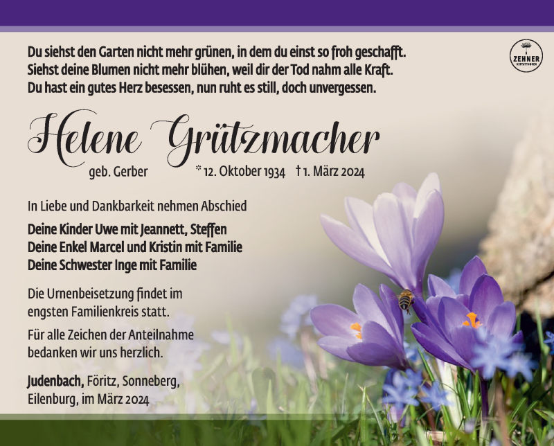  Traueranzeige für Helene Grützmacher vom 09.03.2024 aus Südthüringer Presse
