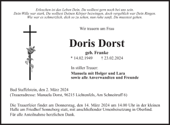 Traueranzeige von Doris Dorst von Südthüringer Presse