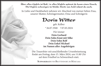 Traueranzeige von Doris Witter von Südthüringer Presse
