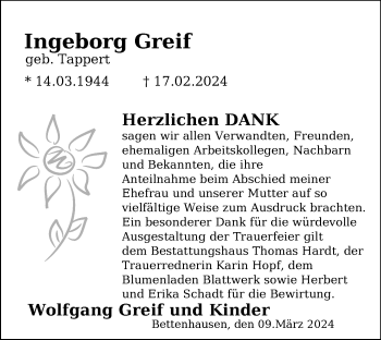 Traueranzeige von Ingeborg Greif von Südthüringer Presse