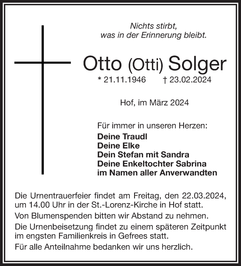  Traueranzeige für Otto Solger vom 16.03.2024 aus Frankenpost