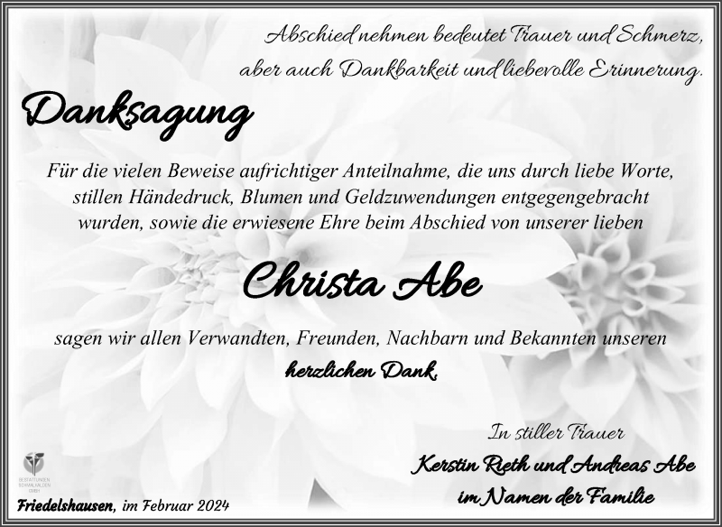  Traueranzeige für Christa Abe vom 02.03.2024 aus Südthüringer Presse