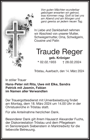 Traueranzeige von Traude Reger von Frankenpost