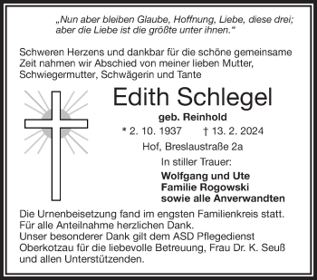 Traueranzeige von Edith Schlegel von Frankenpost