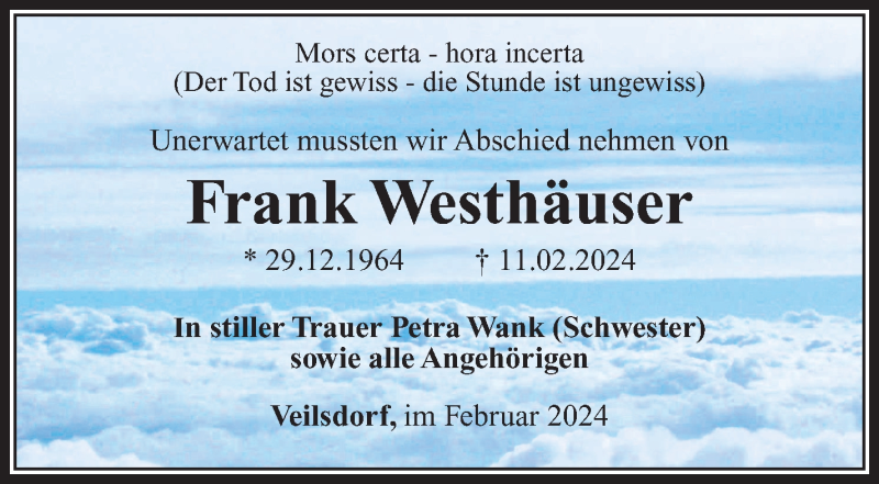  Traueranzeige für Frank Westhäuser vom 02.03.2024 aus Südthüringer Presse