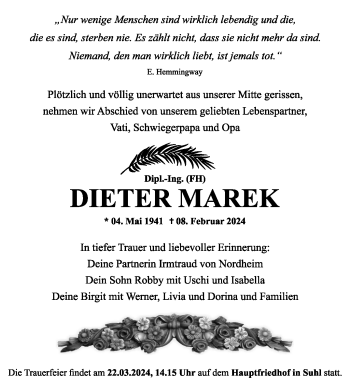 Traueranzeige von Dieter Marek von Südthüringer Presse
