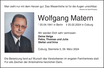 Traueranzeige von Wolfgang Matern von Neue Presse Coburg