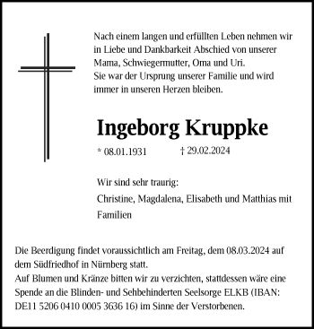 Traueranzeige von Ingeborg Kruppke von Frankenpost