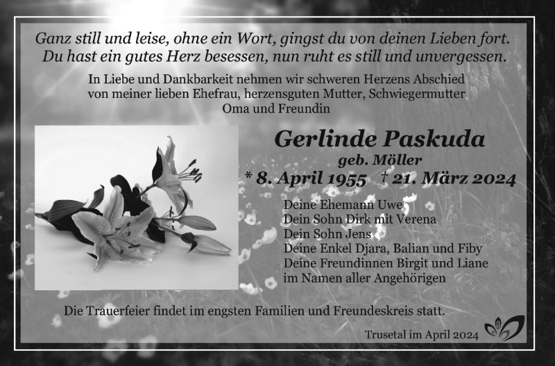  Traueranzeige für Gerlinde Paskuda vom 30.03.2024 aus Südthüringer Presse