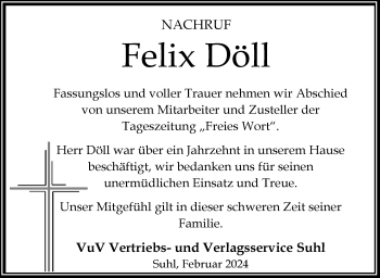 Traueranzeige von Felix Döll von Südthüringer Presse