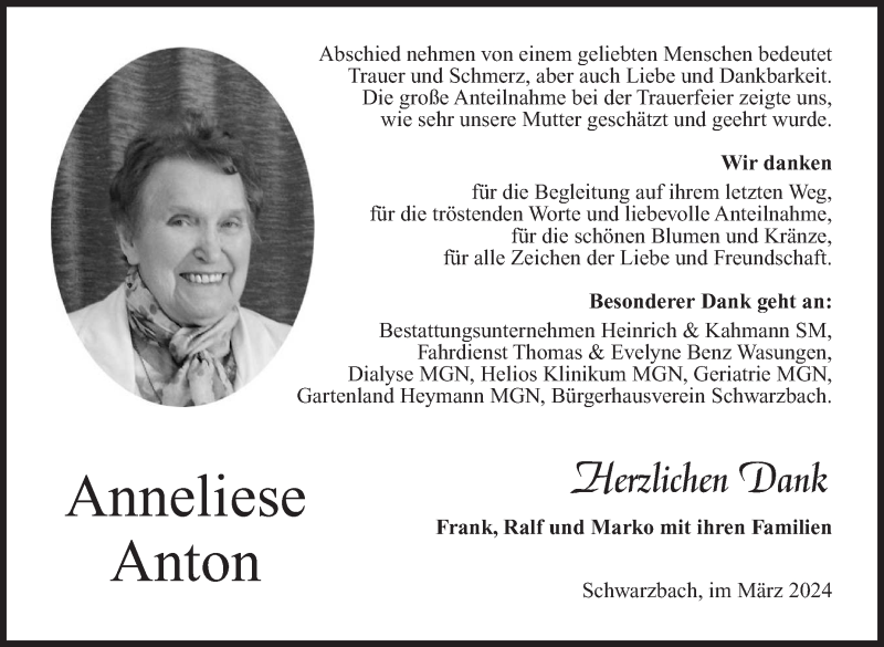  Traueranzeige für Anneliese Anton vom 09.03.2024 aus Südthüringer Presse