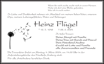 Traueranzeige von Heinz Flügel von Frankenpost