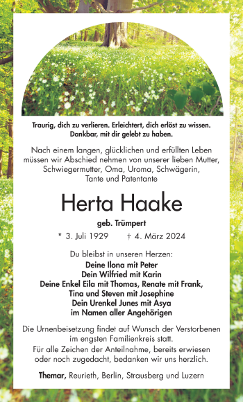 Traueranzeige von Herta Haake von Südthüringer Presse