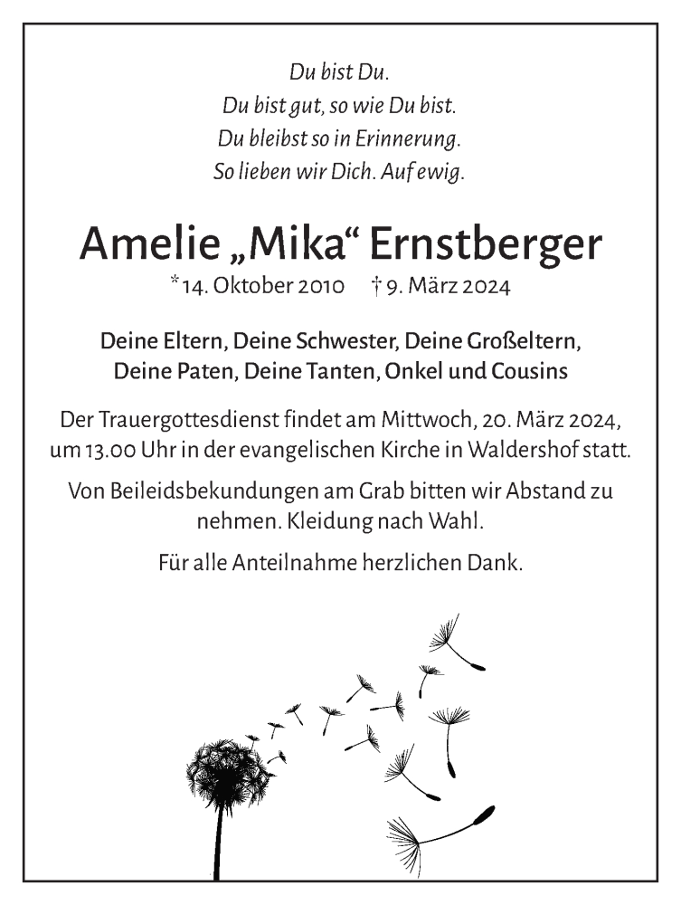  Traueranzeige für Amelie Ernstberger vom 19.03.2024 aus Frankenpost