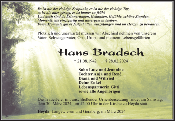 Traueranzeige von Hans Bradsch von Südthüringer Presse