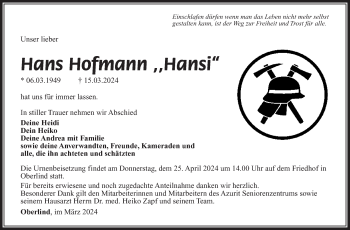 Traueranzeige von Hans Hofmann von Südthüringer Presse