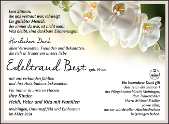 Traueranzeige von Edeltraud Best von Südthüringer Presse