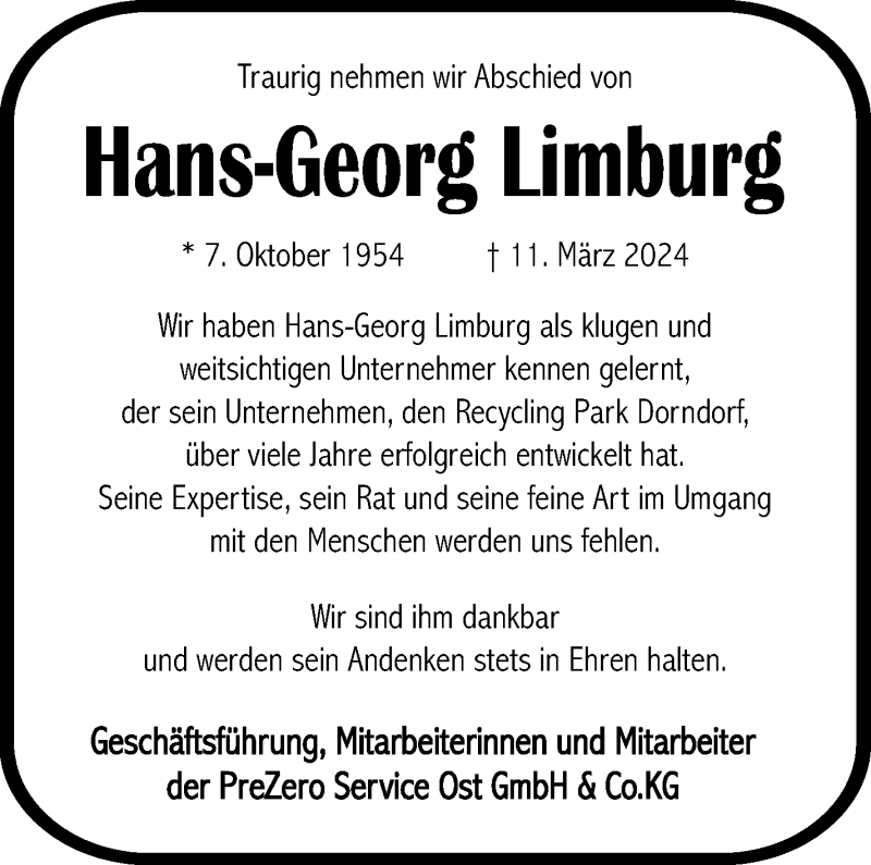  Traueranzeige für Hans-Georg Limburg vom 16.03.2024 aus Südthüringer Presse