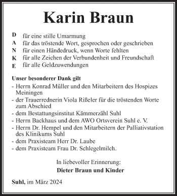 Traueranzeige von Karin Braun von Südthüringer Presse