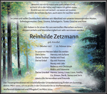 Traueranzeige von Reinhilde Zetzmann von Südthüringer Presse