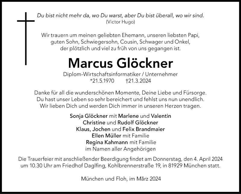  Traueranzeige für Marcus Glöckner vom 30.03.2024 aus Südthüringer Presse