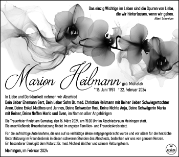 Traueranzeige von Marion Heilmann von Südthüringer Presse