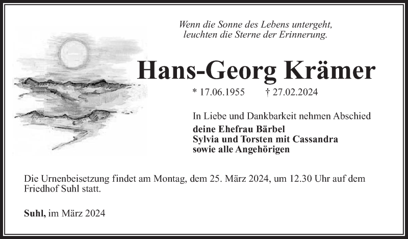  Traueranzeige für Hans-Georg Krämer vom 09.03.2024 aus Südthüringer Presse