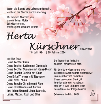 Traueranzeige von Herta Kürschner von Südthüringer Presse