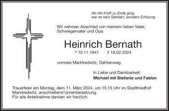 Traueranzeige von Heinrich Bernath von Frankenpost