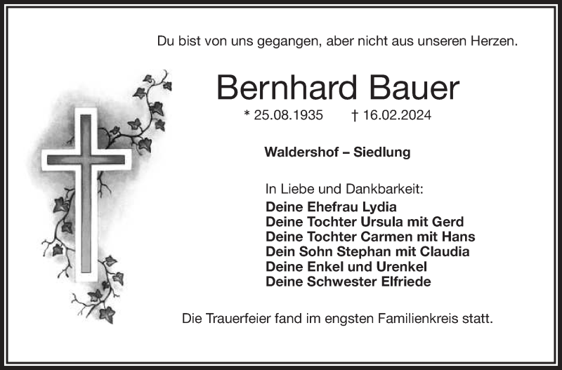  Traueranzeige für Bernhard Bauer vom 12.03.2024 aus Frankenpost