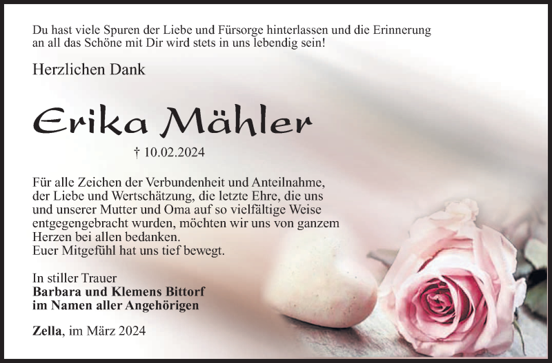  Traueranzeige für Erika Mähler vom 02.03.2024 aus Südthüringer Presse