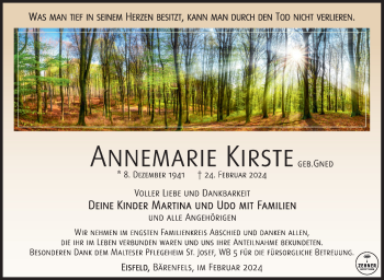 Traueranzeige von Annemarie Kirste von Südthüringer Presse