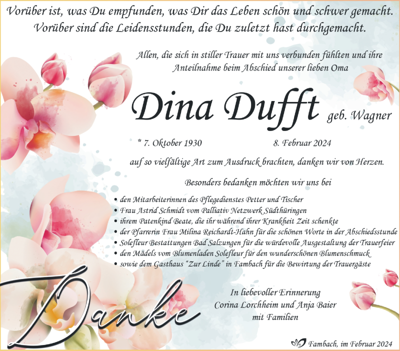  Traueranzeige für Dina Dufft vom 02.03.2024 aus Südthüringer Presse