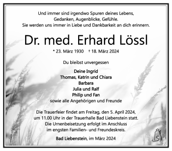 Traueranzeige von Erhard Lössl von Südthüringer Presse