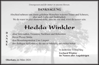 Traueranzeige von Hedda Winkler von Südthüringer Presse