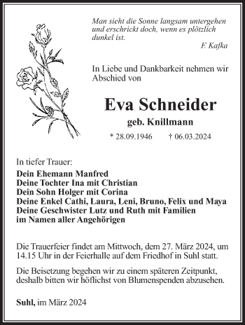 Traueranzeige von Eva Schneider von Südthüringer Presse