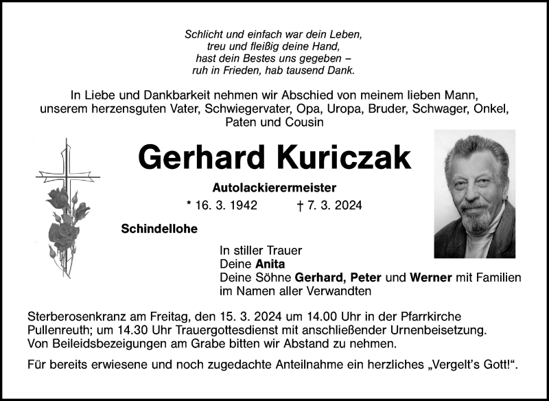  Traueranzeige für Gerhard Kuriczak vom 09.03.2024 aus Frankenpost
