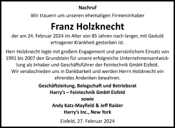Traueranzeige von Franz Holzknecht von Südthüringer Presse