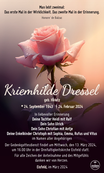 Traueranzeige von Kriemhilde Dressel von Südthüringer Presse