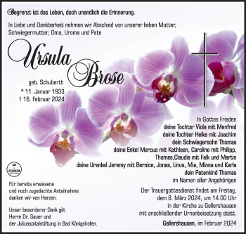 Traueranzeige von Ursula Brose von Südthüringer Presse