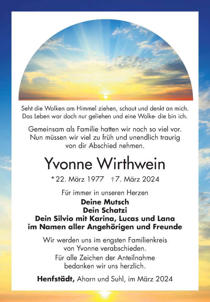 Traueranzeige für Yvonne Wirthwein vom 16.03.2024 aus Südthüringer Presse